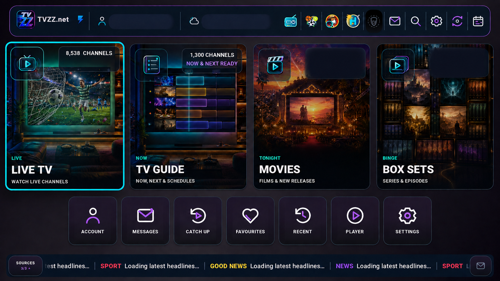 TVZZ home screen with Live TV, TV Guide, Movies, Box Sets and remote navigation tiles
