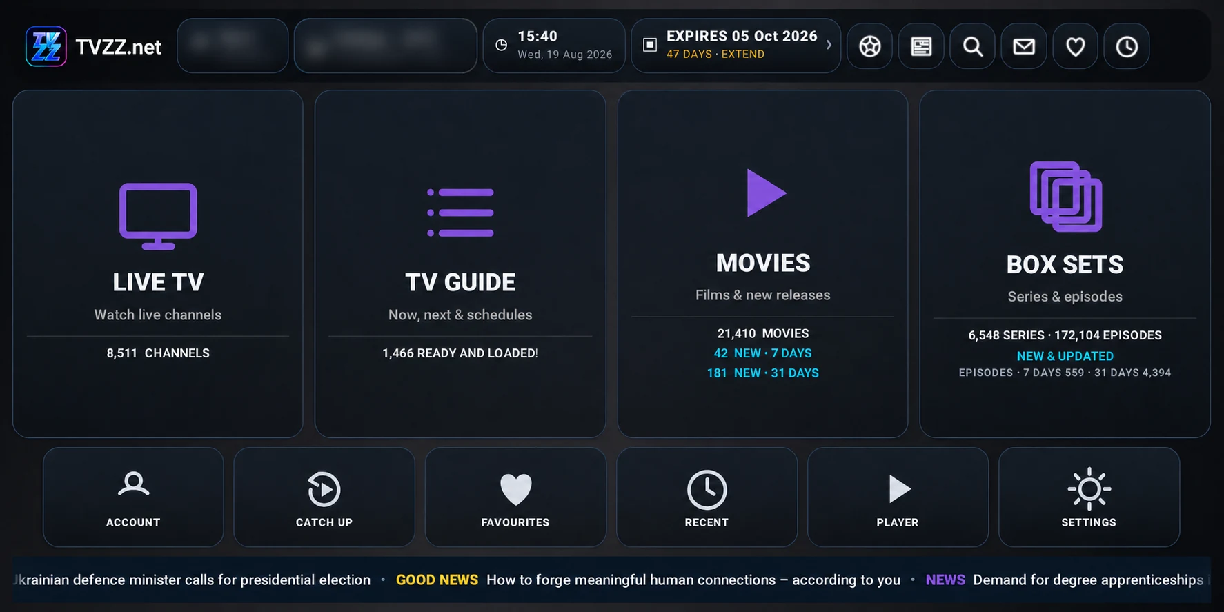 TVZZ.net interface running on Android TV